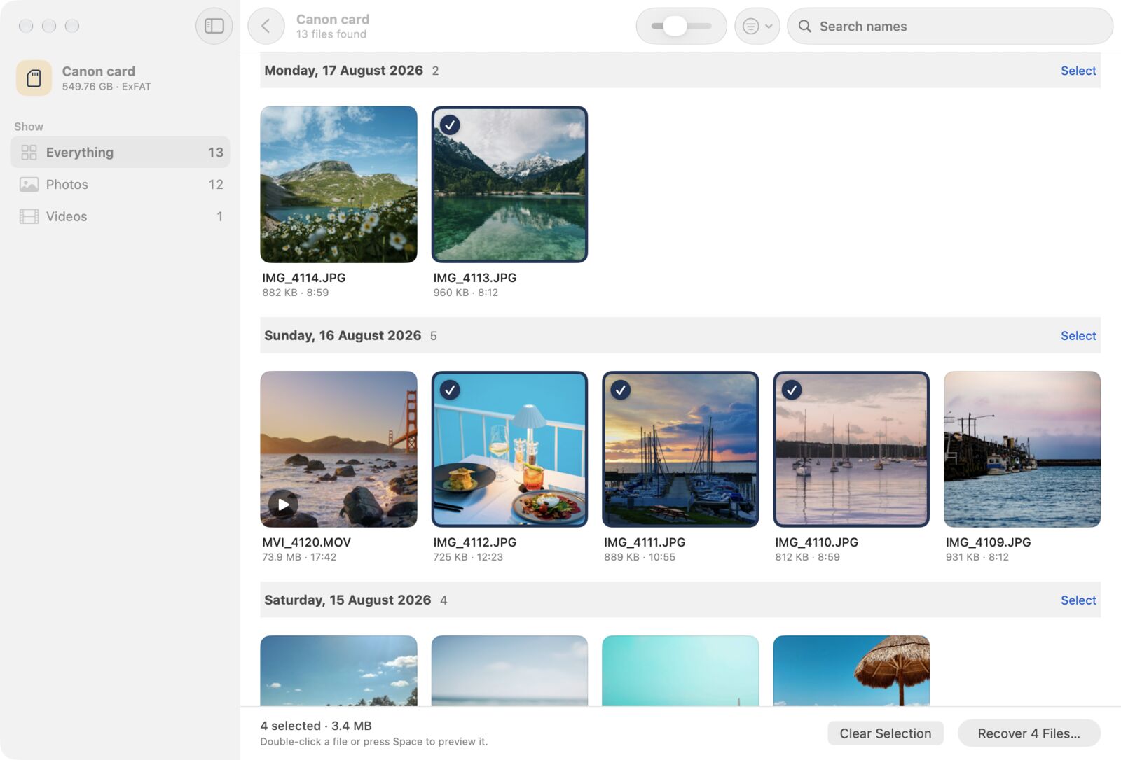 Four deleted photos selected in Found Again, with the Recover button at the bottom of the window